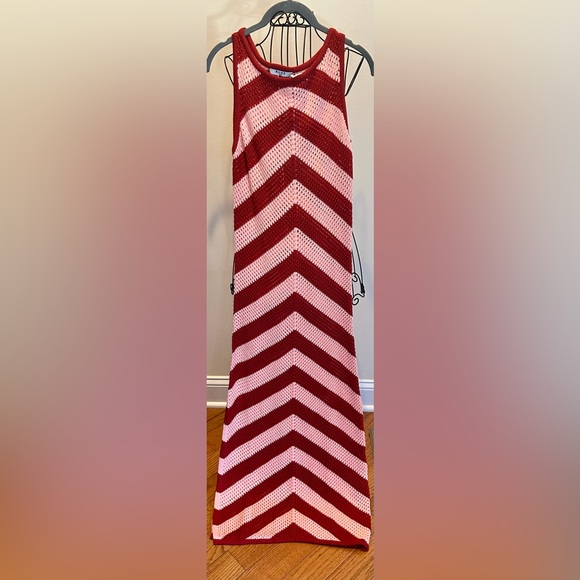 NWT NA-KD Chevron Patterned Red and Pink Crochet Maxi Dress 100% Cotton - Picture 6 of 13